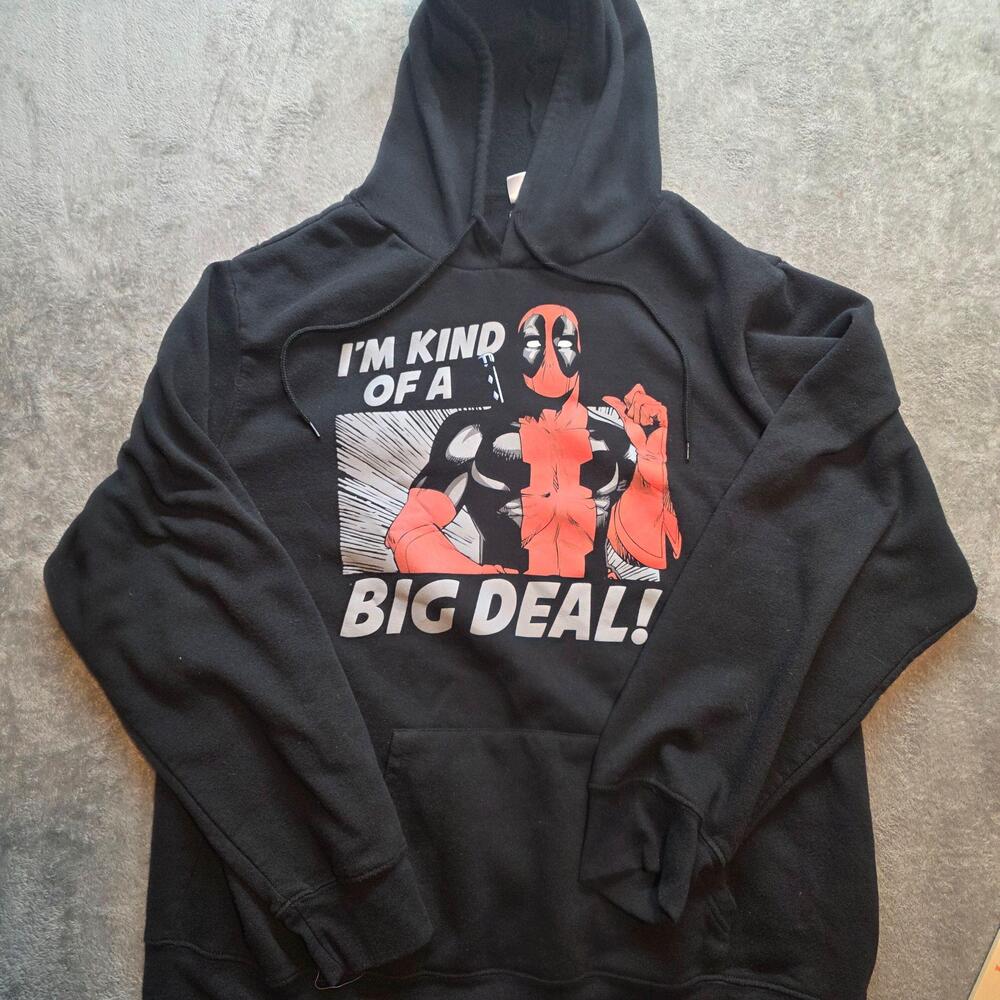 Marvel Hoodie Mens 2XL Black Pullover Deadpool Big Deal Graphic Sweatshirt